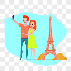 情侣在法国旅行埃菲尔铁塔前合照图片
