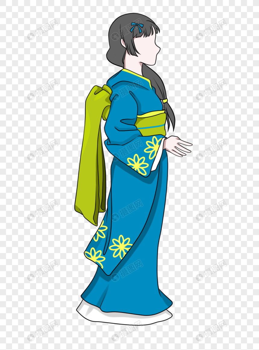 蓝绿色和服侧站长发少女