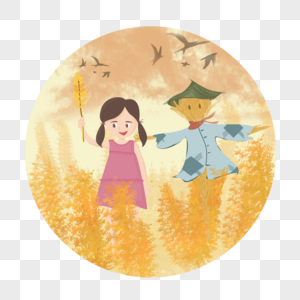 稻田中的女孩和稻草人图片