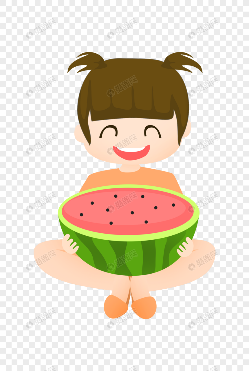 小女孩抱着半个西瓜
