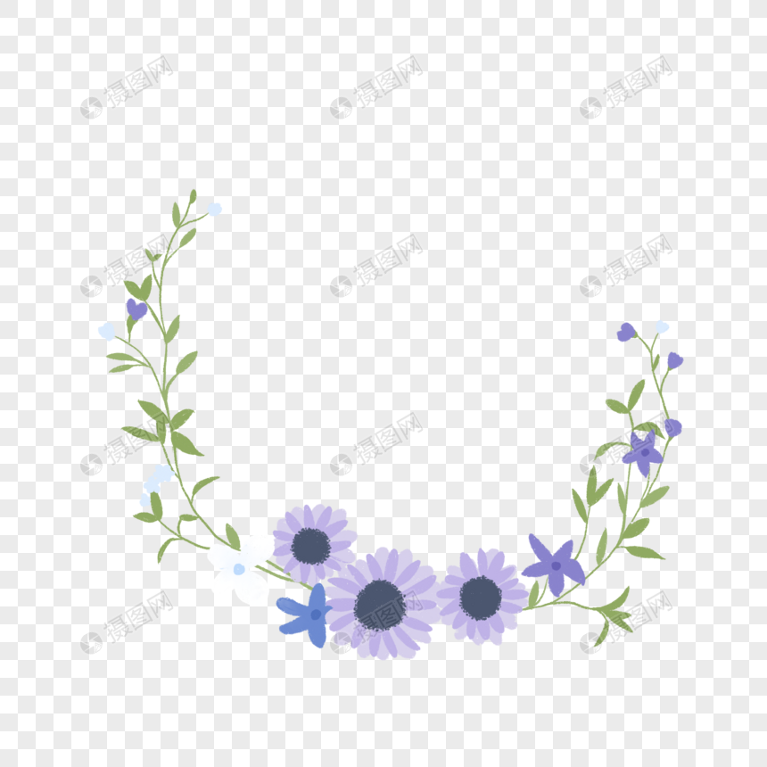 夏日清新紫色菊花绿植花环手绘图片