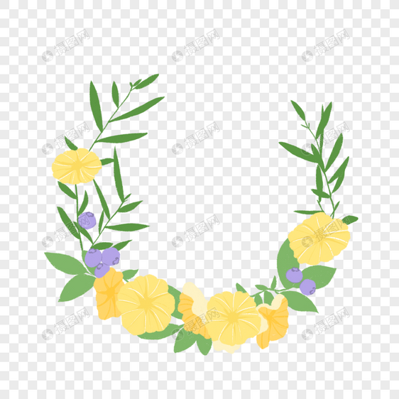 夏日清新黄色花卉植物花环卡通手绘图片