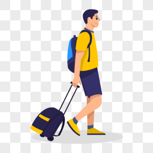 卡通手绘帅气男孩拉着行李箱背着背包开心回家图片