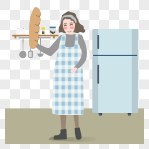 卡通手绘美丽女士在厨房开心烤面包图片