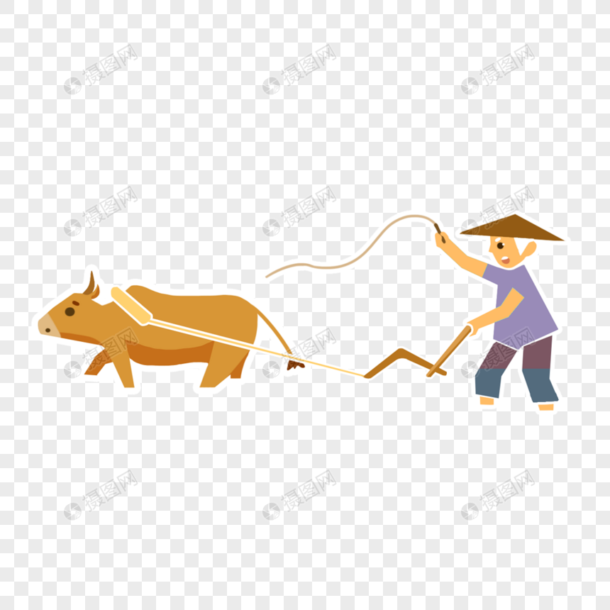 赶牛耕地的农民