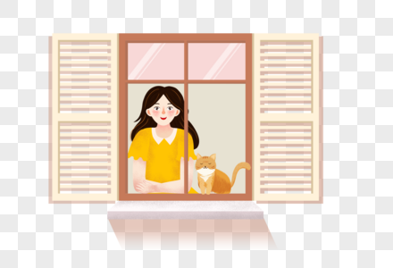 窗前的女孩和猫高清图片