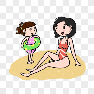 夏天母女在海滩玩耍高清图片
