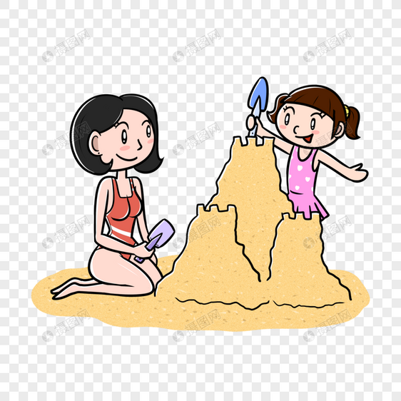 夏天母女在沙滩堆沙堡图片