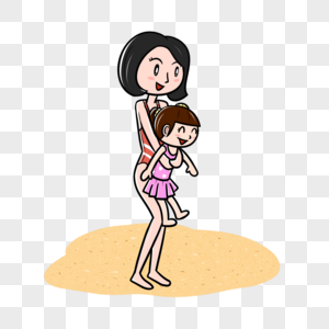夏天母女在沙滩嬉戏图片