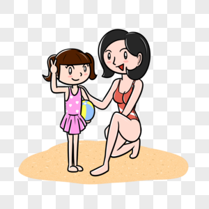 夏天母女在沙滩游玩图片