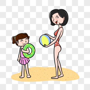 夏天妈妈和女儿在海边玩沙滩球图片