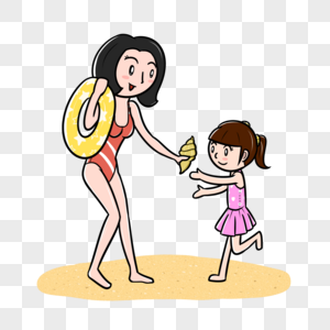 夏天妈妈和女儿在海滩拾海螺图片