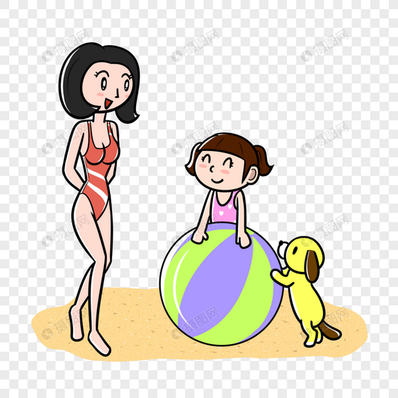 夏天母女在海滩玩沙滩球图片
