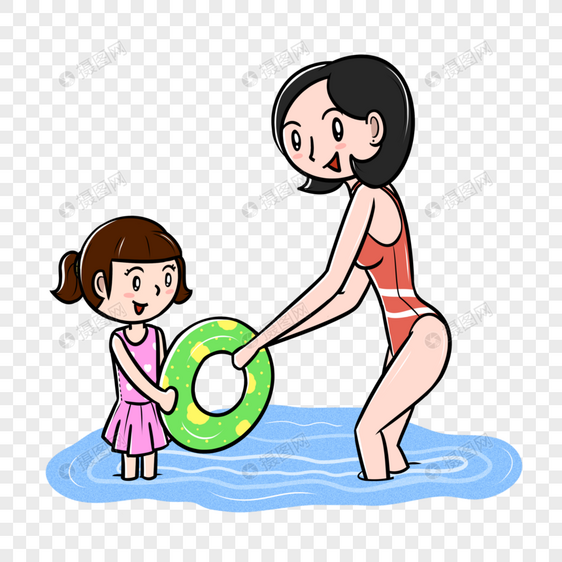 夏天妈妈教女儿游泳图片