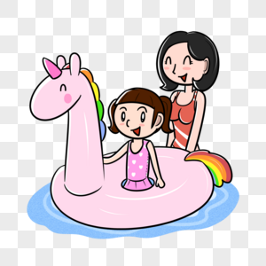 夏天妈妈和女儿在海边玩彩虹马游泳圈图片