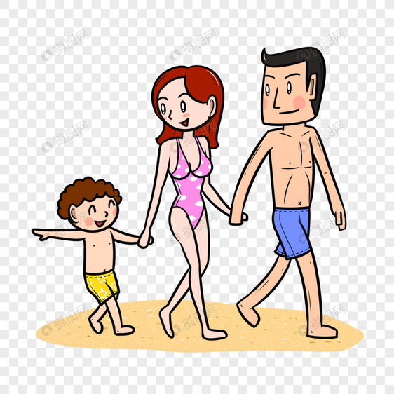夏季沙滩一家人散步图片