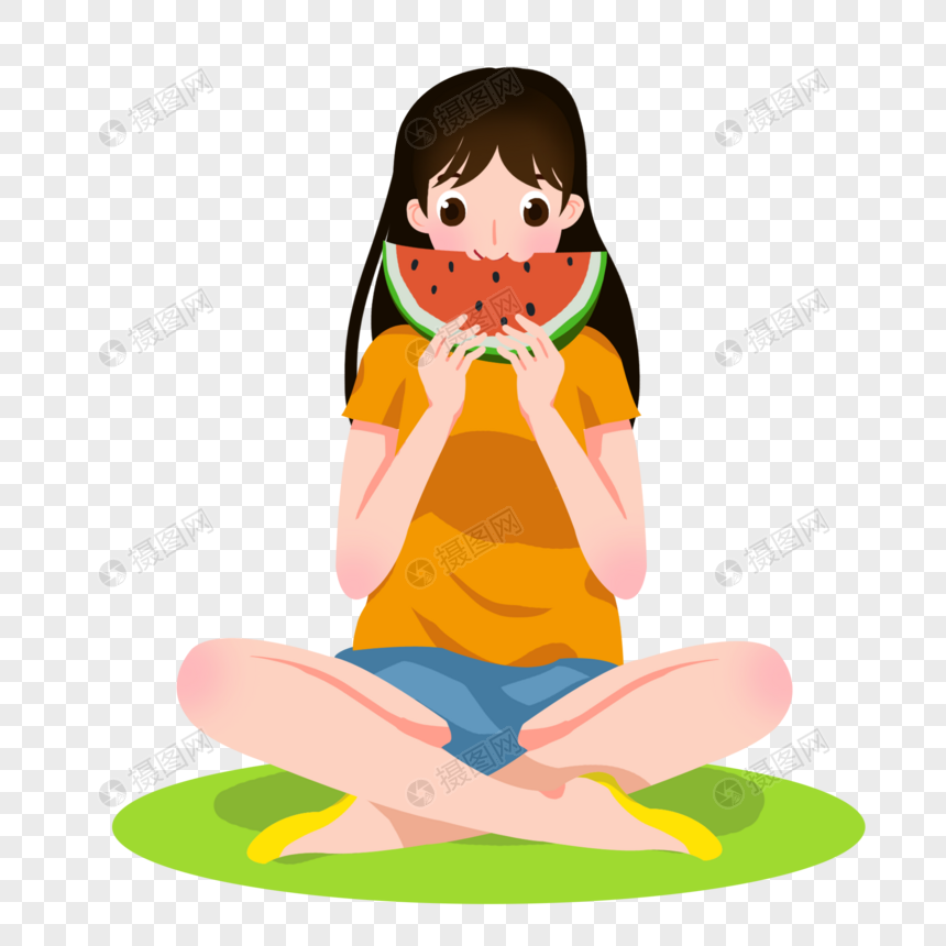 卡通穿着短袖的女孩盘腿吃西瓜