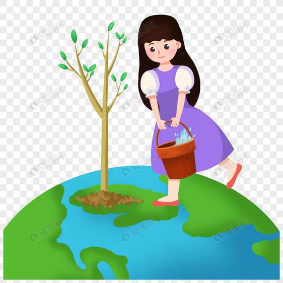 卡通女孩在地球上浇树图片