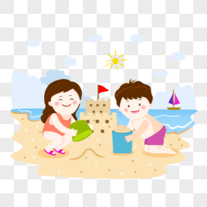 夏季儿童沙滩玩耍插画图片