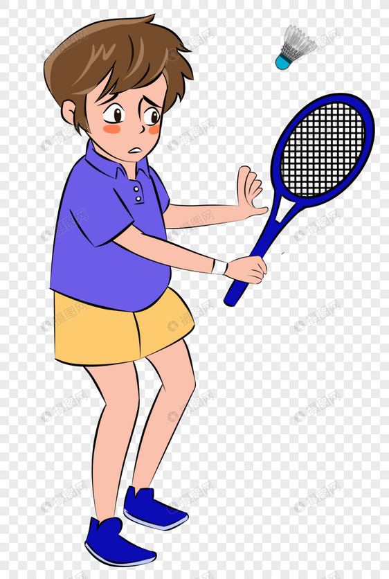 打羽毛球的运动员卡通元素手绘图片
