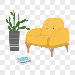 卡通手绘黄色沙发绿色植物仙人掌图片