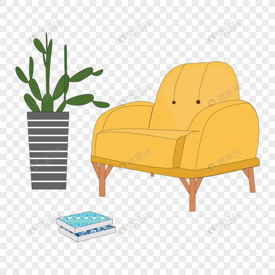 卡通手绘黄色沙发绿色植物仙人掌图片