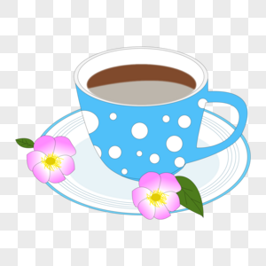 卡通手绘蓝色白点咖啡杯粉色花朵装饰图片