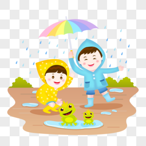 夏季雨天玩耍儿童插画图片