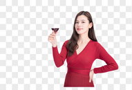 时尚美女在品红酒图片