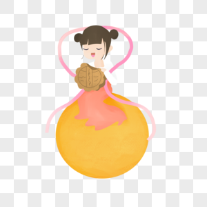 中秋节坐在月亮上吃月饼的小女孩图片
