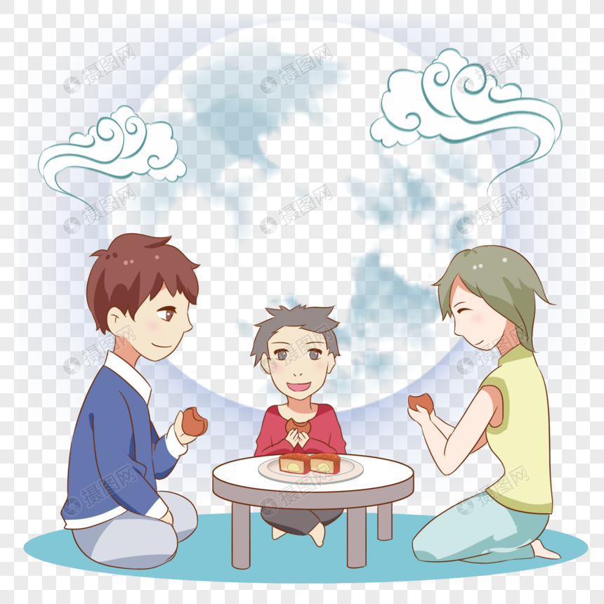 中秋吃月饼的一家人图片