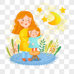 母女妈妈小女孩看星星月亮温馨陪伴图片