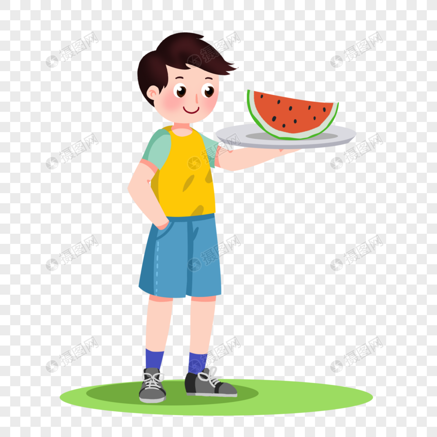 卡通男孩吃西瓜图片