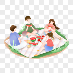 手绘夏天家庭野炊吃西瓜的一家人图片