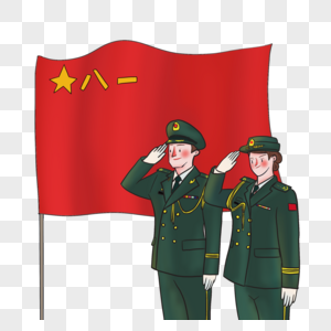 手绘红旗与军人高清图片
