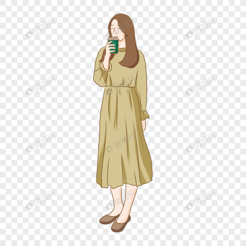 喝咖啡女孩手绘人物元素素材下载-正版素材401429777-摄图网
