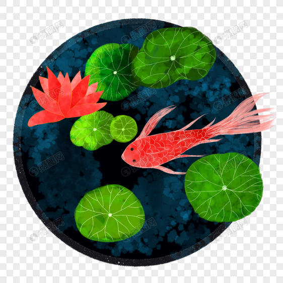 中国风水彩水墨荷塘金鱼图片