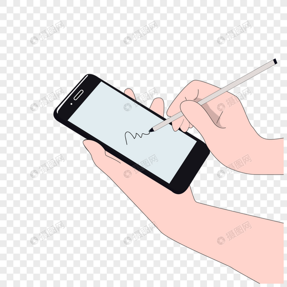 卡通手绘手拿手机和触控笔图片
