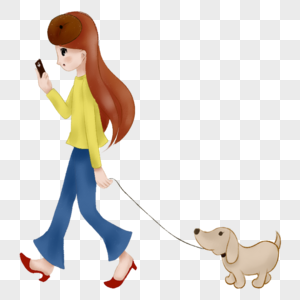 遛狗玩手机的时尚女孩图片