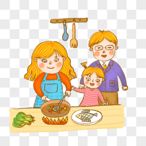 做饭下厨厨房一家三口烹饪吃饭手绘可爱插画图片
