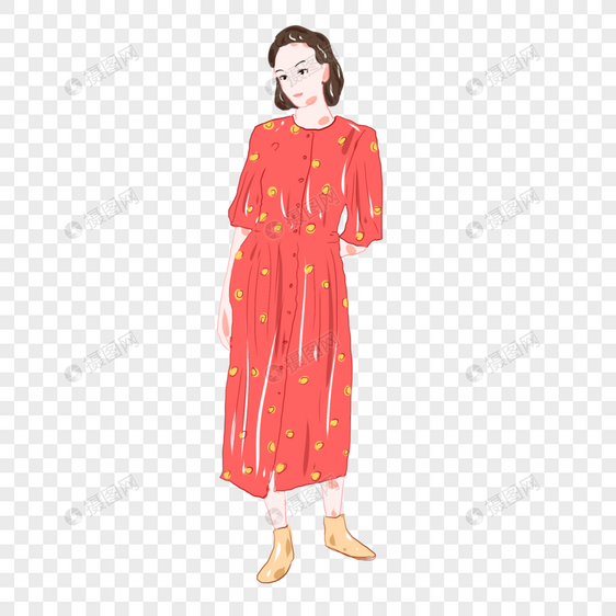 手绘时尚女生红色连衣裙元素图片