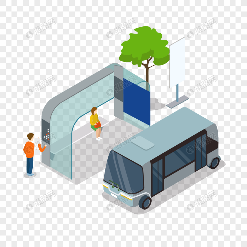 立体建筑公交车停靠站元素图片