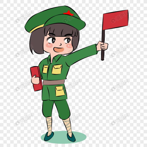 举着胜利国旗旗帜的可爱女兵卡通手绘图片