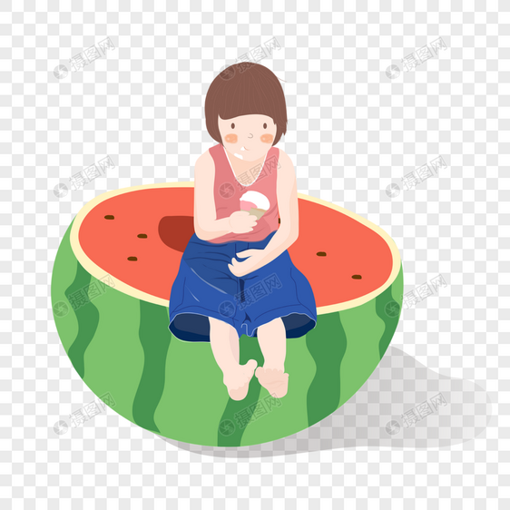 手绘夏天坐在西瓜上吃雪糕的小女孩图片