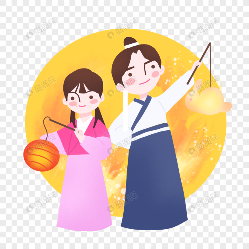 中秋节两个人在月亮下玩花灯图片