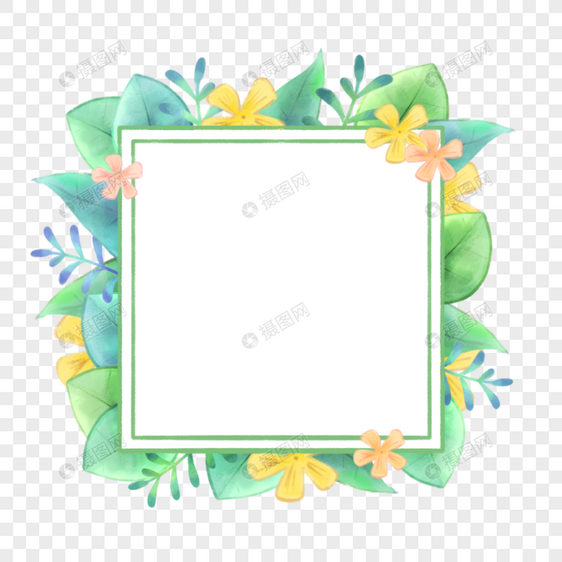 清新夏天水彩花卉植物方形边框图片