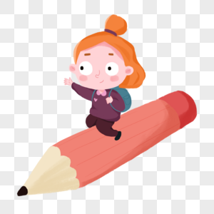 卡通背书包的女孩坐在铅笔上图片