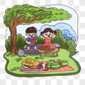 大树下吃瓜的孩子图片