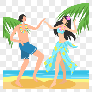 手绘沙滩上跳草裙舞的男人女人图片