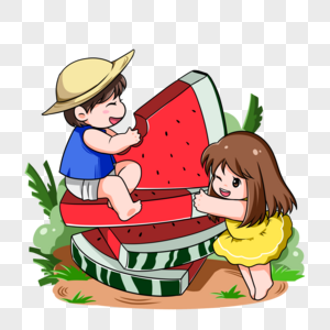 坐在西瓜上吃瓜的孩子图片